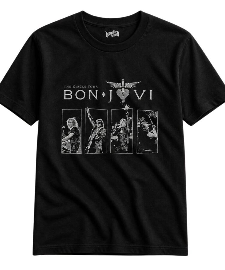 Bon Jovi The Circle Tour Photo Collage T-Shirt featuring live performance artwork on a soft cotton tee. High-quality print, comfortable fit, and multiple sizes available.